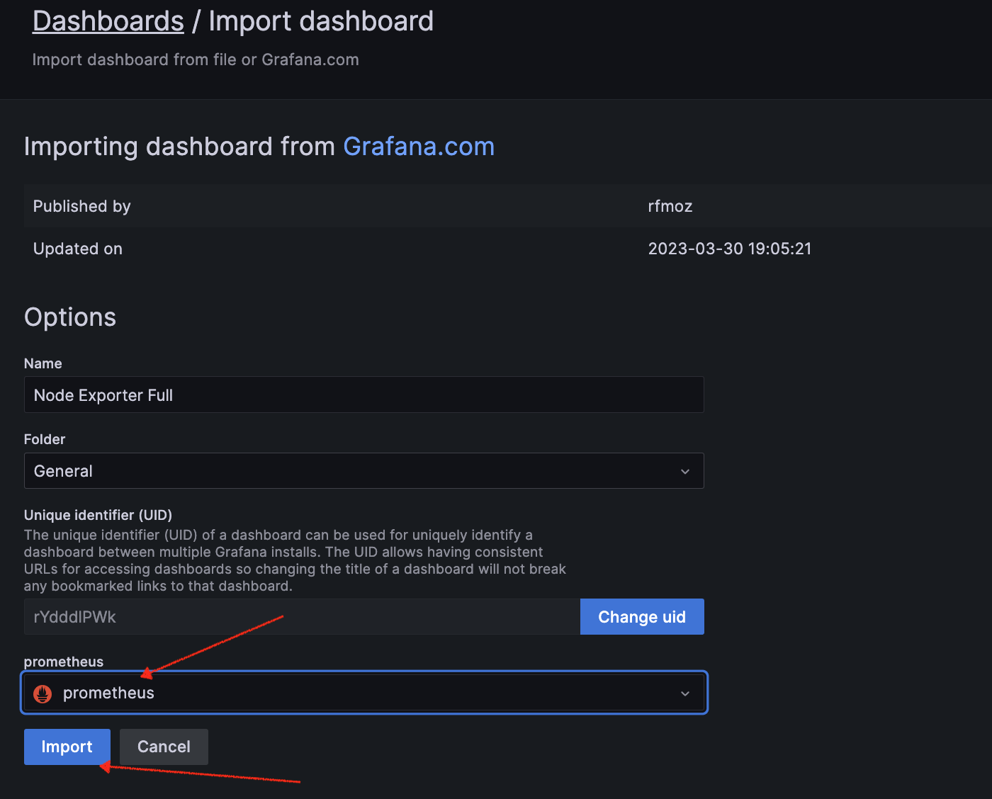 Prometheus and import dashboard